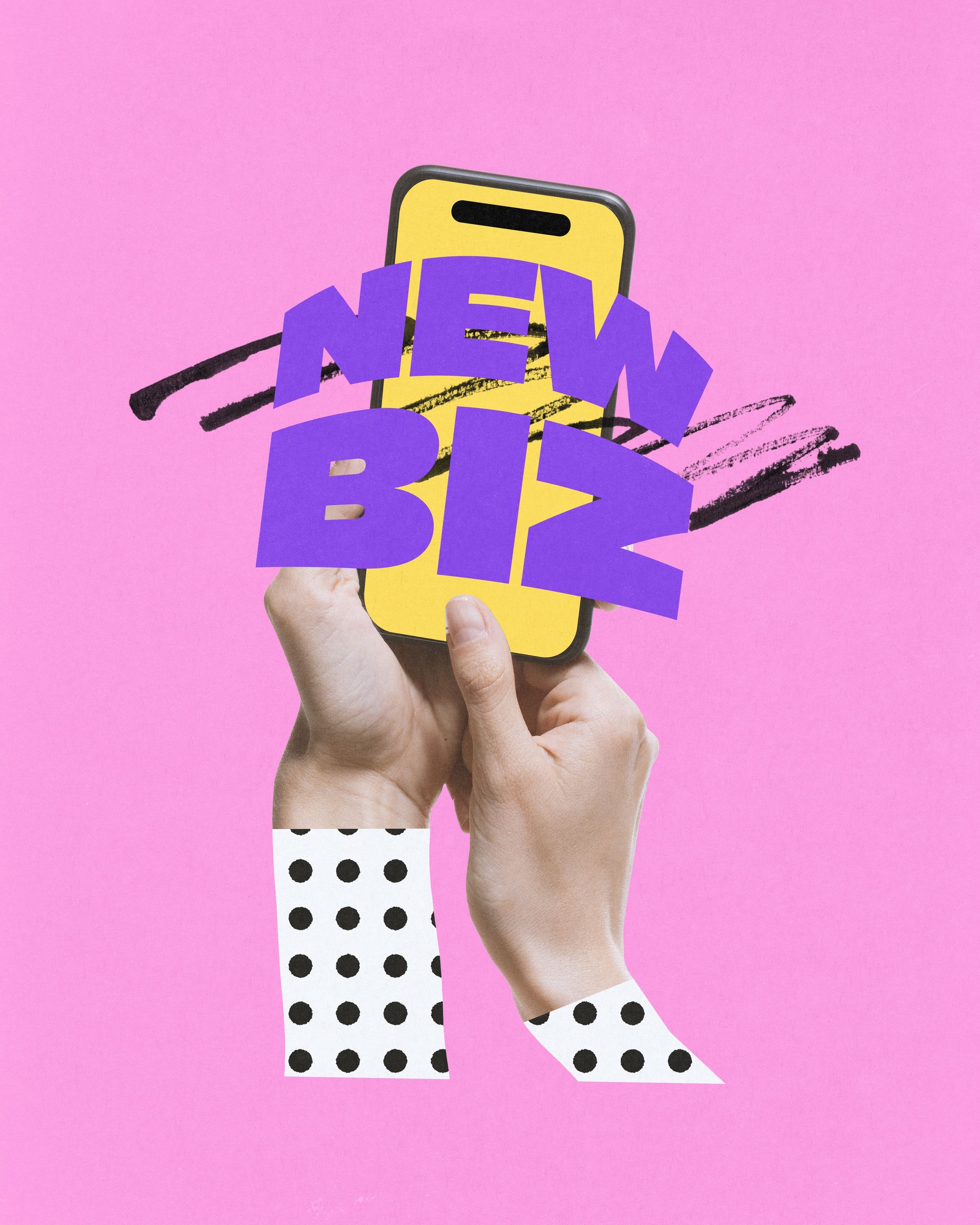 Woman holding smartphone with words New Biz on screen, symbolizing mobile innovation and growing importance of digital platforms in business launches. Contemporary art collage.
