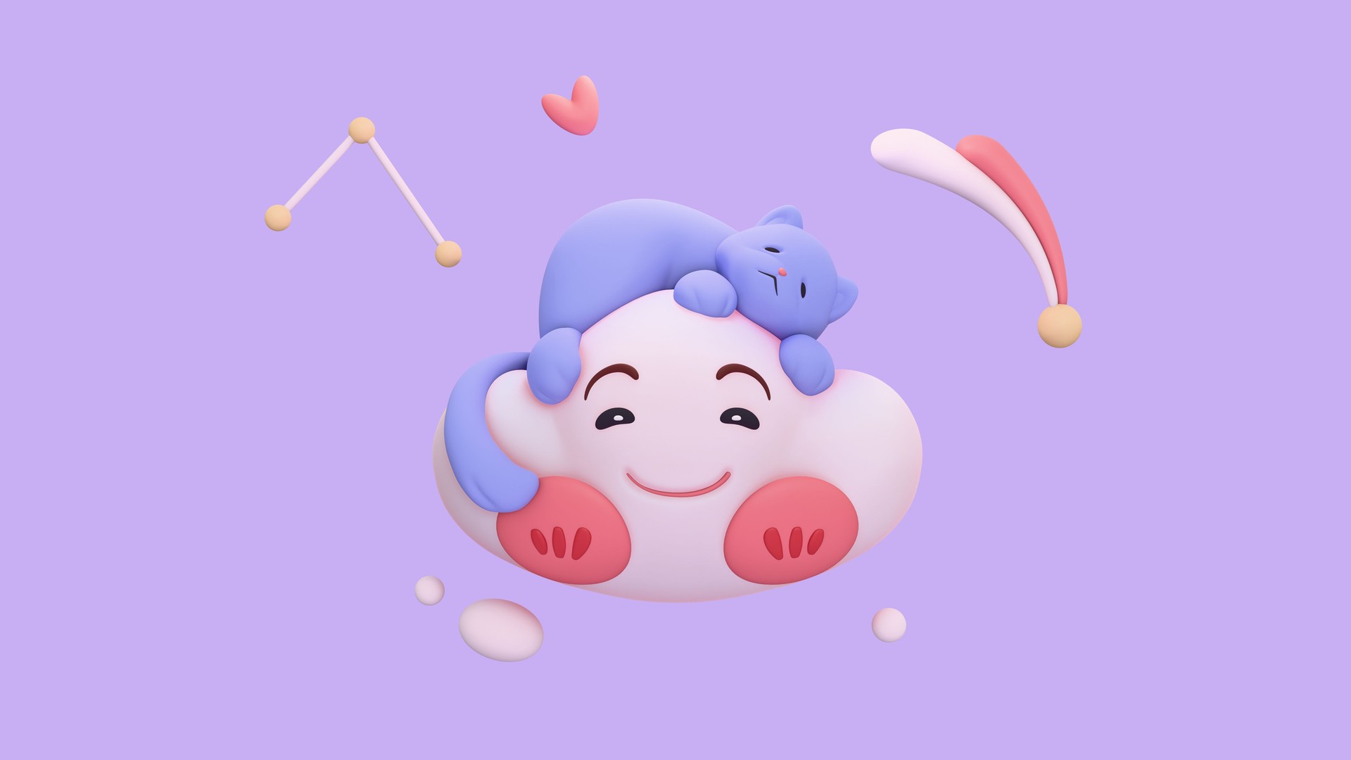 3d rendering of stylized fluffy blue cartoon sleeping cat lying down on white kawaii cloud with smiling face, eyes, eyebrows, red cheeks floating in air, bubbles, stars, heart shape, violet background